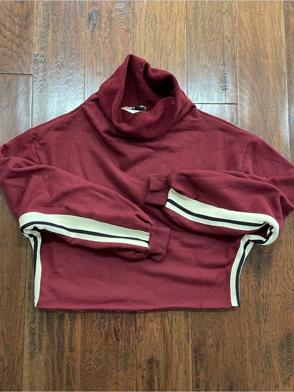 Twenty Montreal Cropped Burgundy Turtleneck Sweatshirt with Stripe Detail